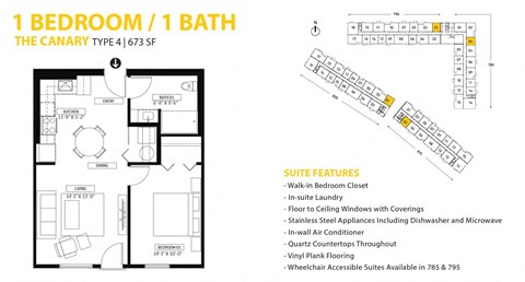 Floor plan for 1 bed, 1 bath, 673 sqft